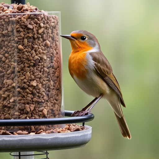 Robin perched beside suet-filled feeder