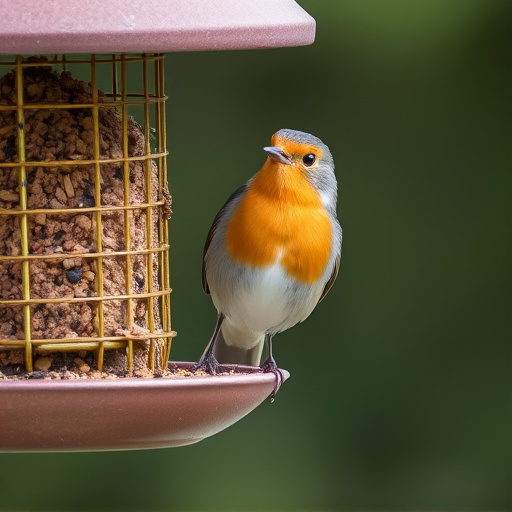 Robin perched beside suet-filled feeder