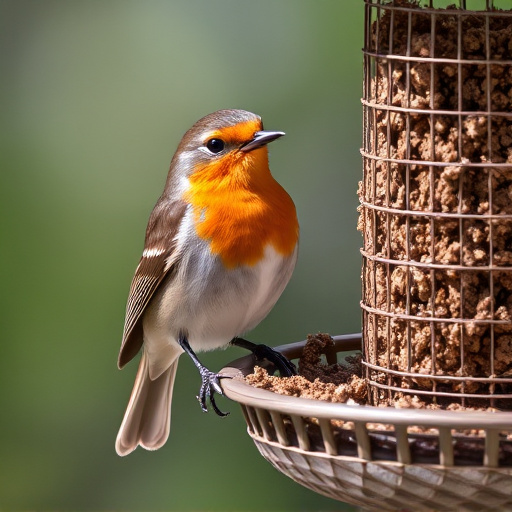 Robin perched beside suet-filled feeder