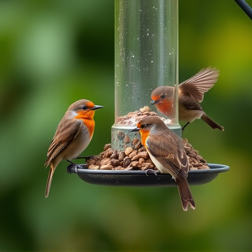 Robins and tits eating from hanging feeder