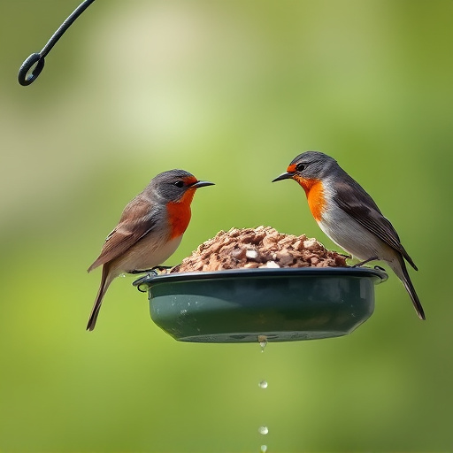 Robins and tits eating from hanging feeder