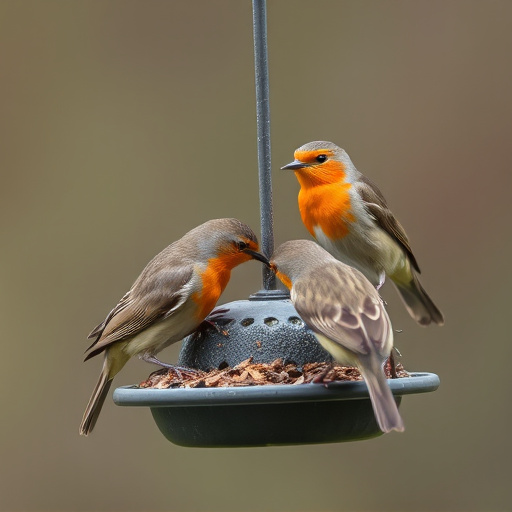 Robins and tits eating from hanging feeder