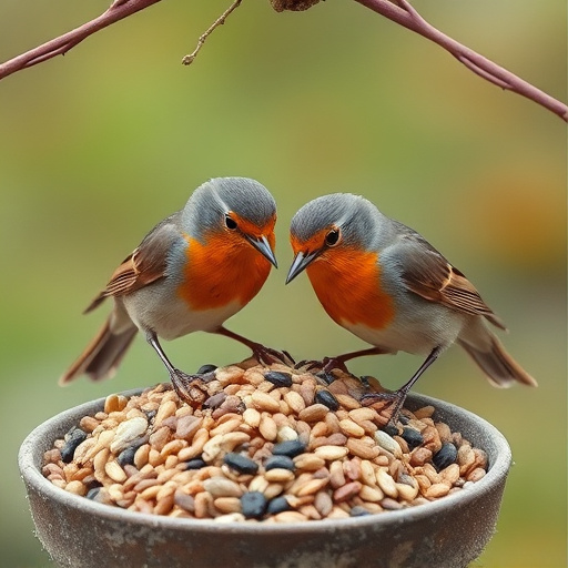 Robins feeding on no-mess seed