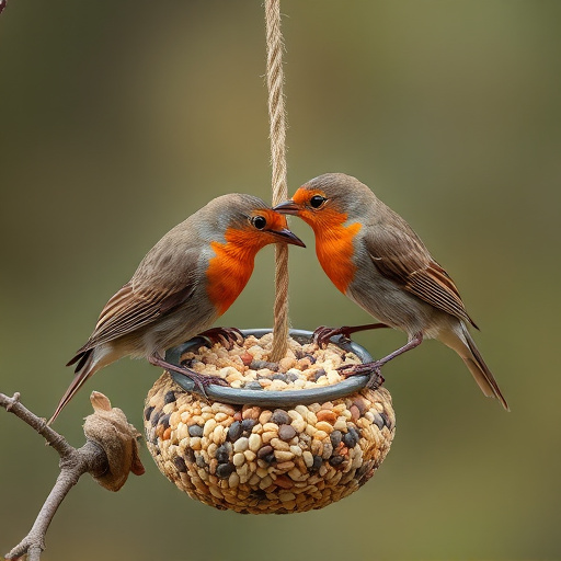 Robins feeding on no-mess seed