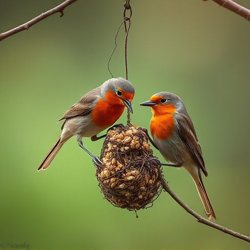 Robins feeding on no-mess seed