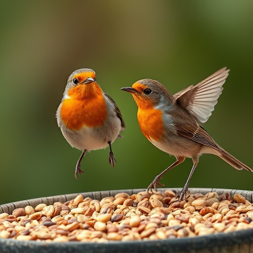 Robins pecking at scattered seed