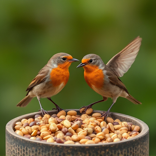 Robins pecking at scattered seed