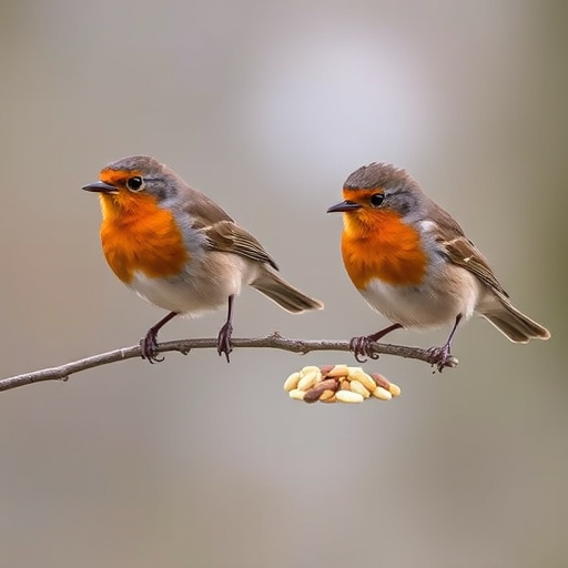 Robins pecking at scattered seed