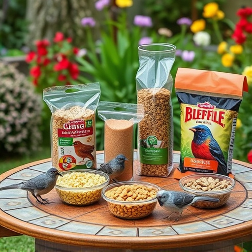 Selection of bird foods on garden table