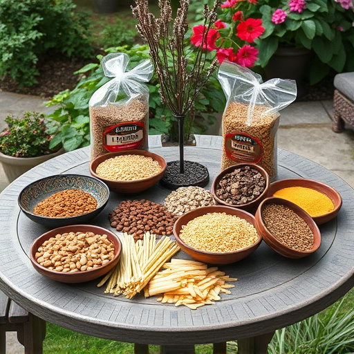 Selection of bird foods on garden table