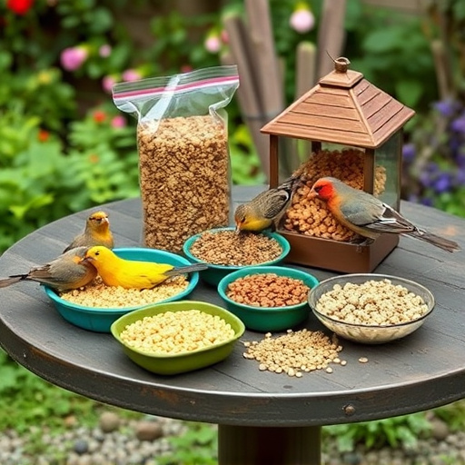 Selection of bird foods on garden table