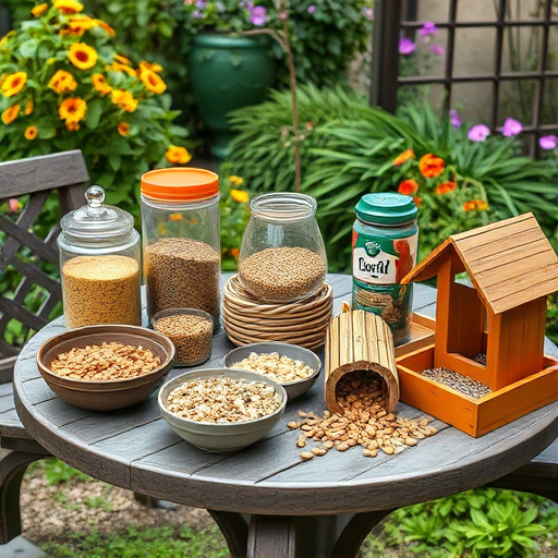 Selection of bird foods on garden table