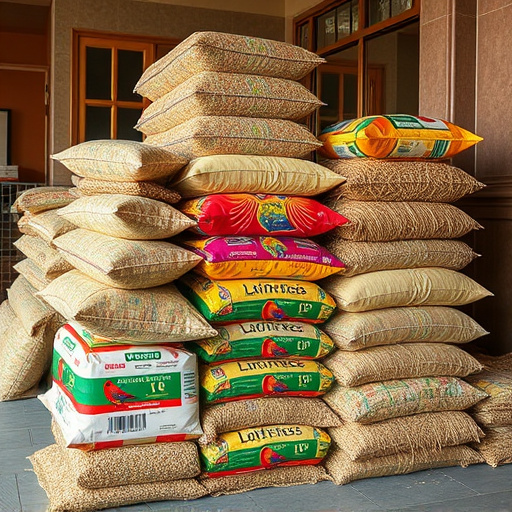 Stack of bird feed parcels indoors