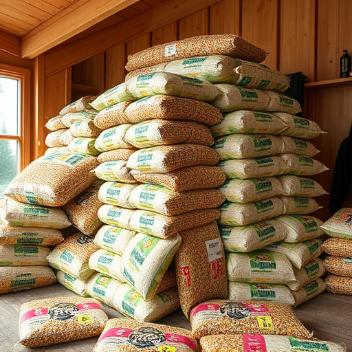 Stack of bird feed parcels indoors