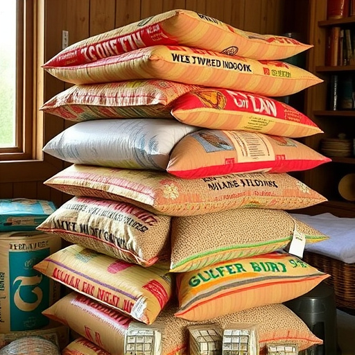 Stack of bird feed parcels indoors