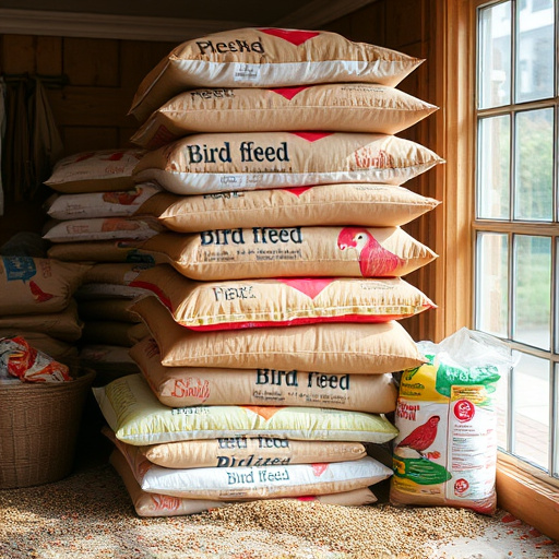 Stack of bird feed parcels indoors