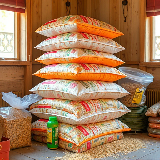 Stack of bird feed parcels indoors