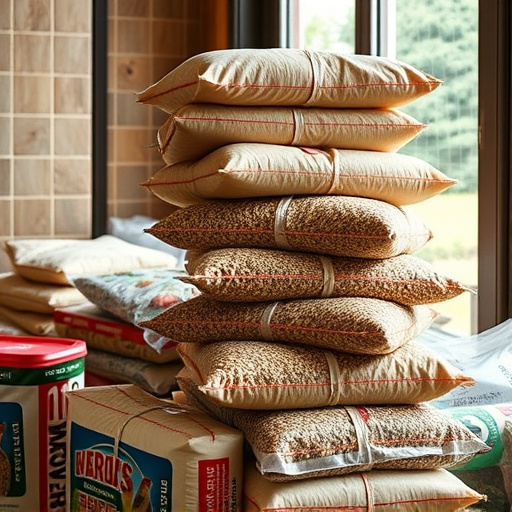 Stack of bird feed parcels indoors