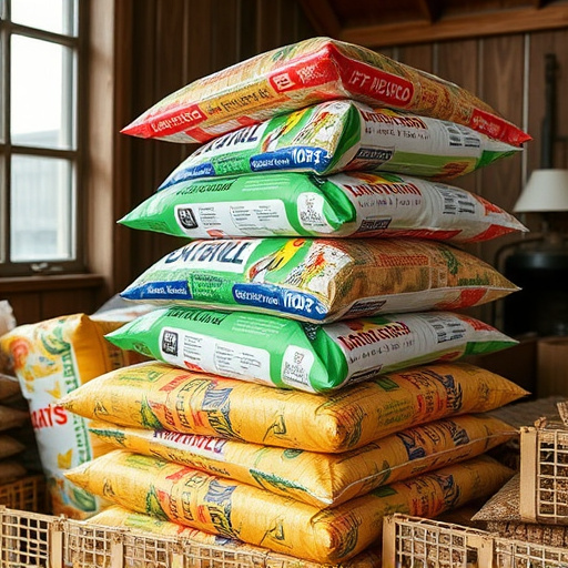 Stack of bird feed parcels indoors