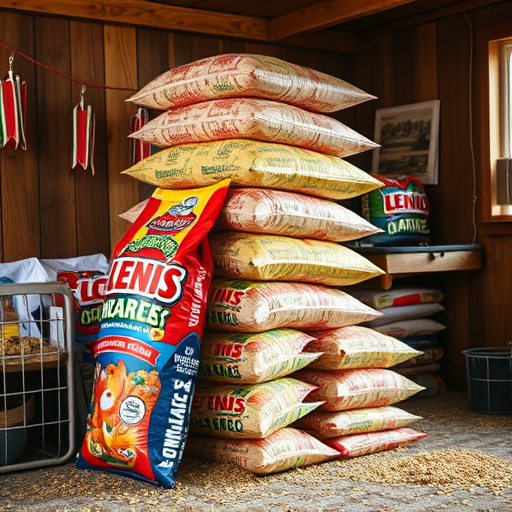 Stack of bird feed parcels indoors