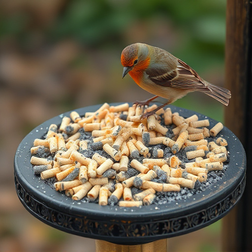 Suet pellets scattered on bird table