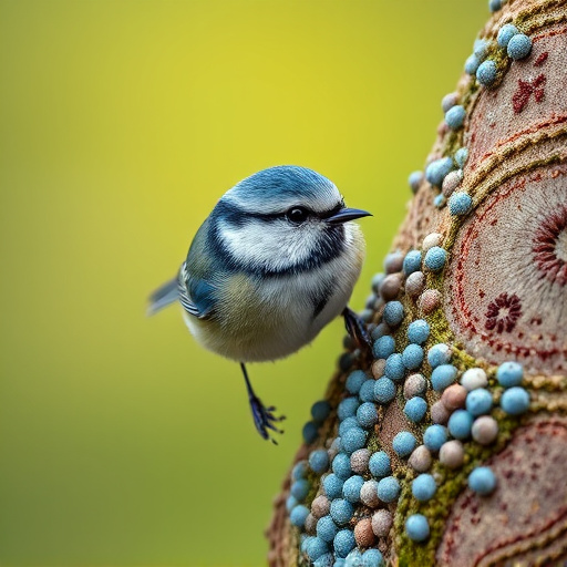 Tiny blue tit pecking suet pellets