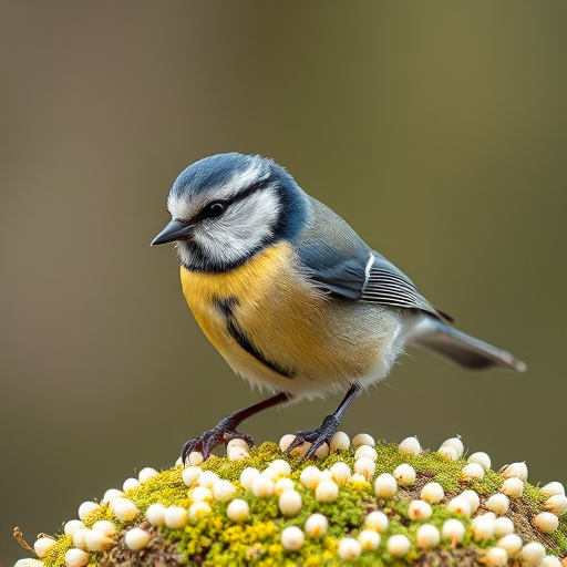 Tiny blue tit pecking suet pellets