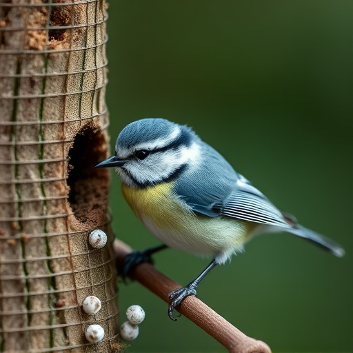 Tiny blue tit pecking suet pellets