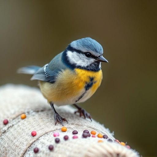 Tiny blue tit pecking suet pellets