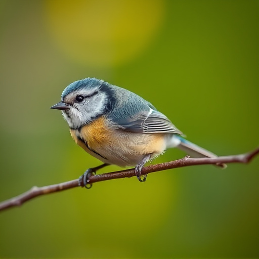 Tiny blue tit pecking suet pellets