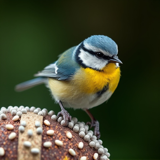 Tiny blue tit pecking suet pellets