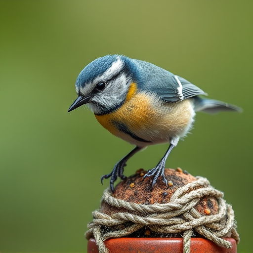 Tiny blue tit pecking suet pellets