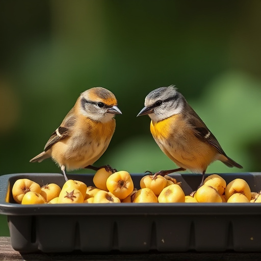 Tits feeding from tray of sunflower hearts