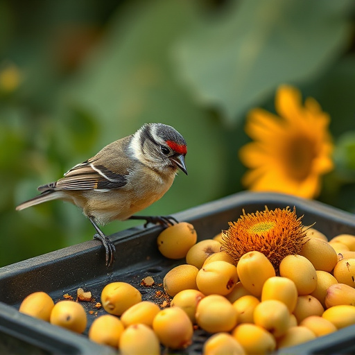 Tits feeding from tray of sunflower hearts