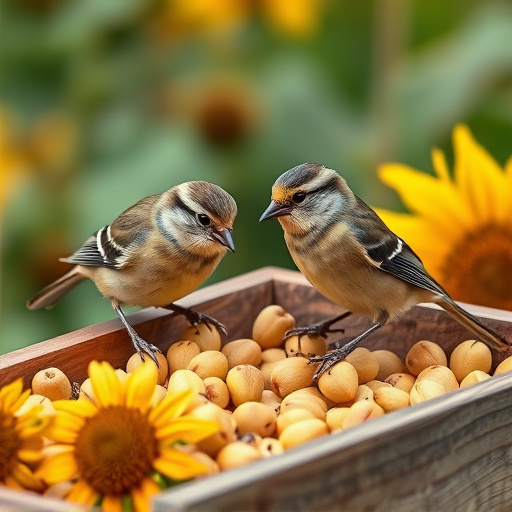 Tits feeding from tray of sunflower hearts