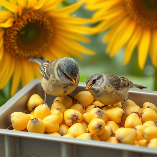 Tits feeding from tray of sunflower hearts