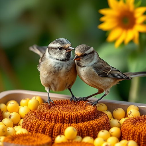 Tits feeding from tray of sunflower hearts