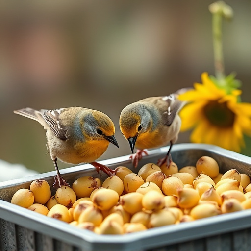 Tits feeding from tray of sunflower hearts