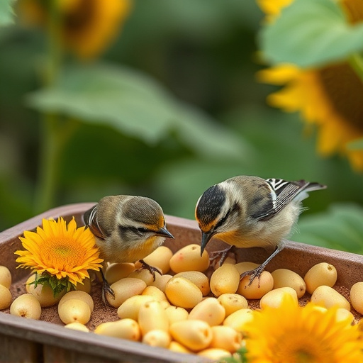 Tits feeding from tray of sunflower hearts