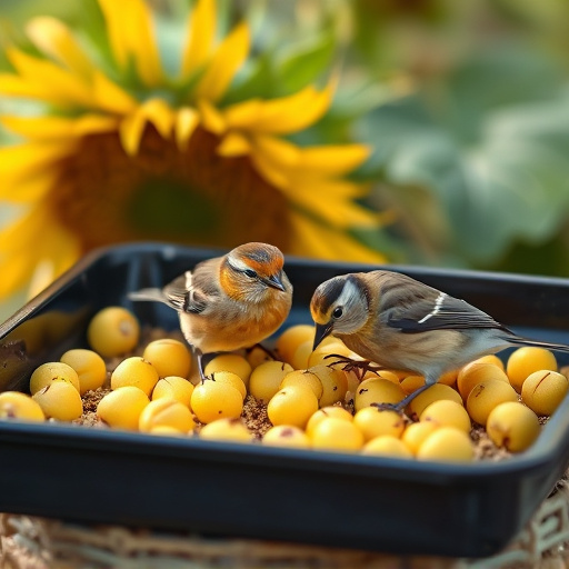 Tits feeding from tray of sunflower hearts