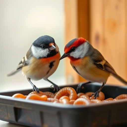 Tits feeding on mealworms in tray