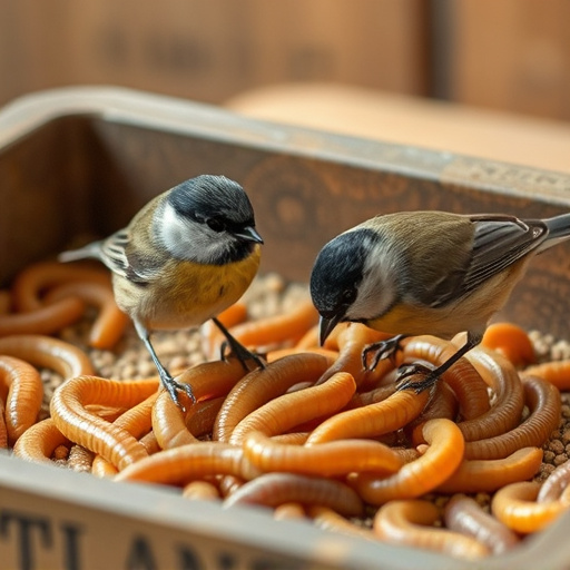 Tits feeding on mealworms in tray