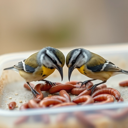 Tits feeding on mealworms in tray