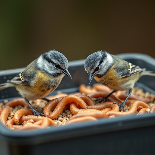 Tits feeding on mealworms in tray