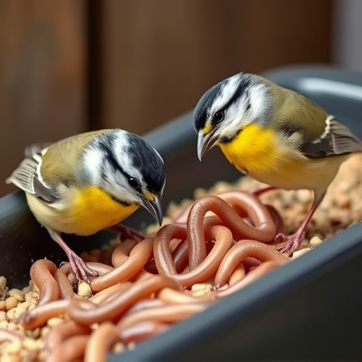 Tits feeding on mealworms in tray