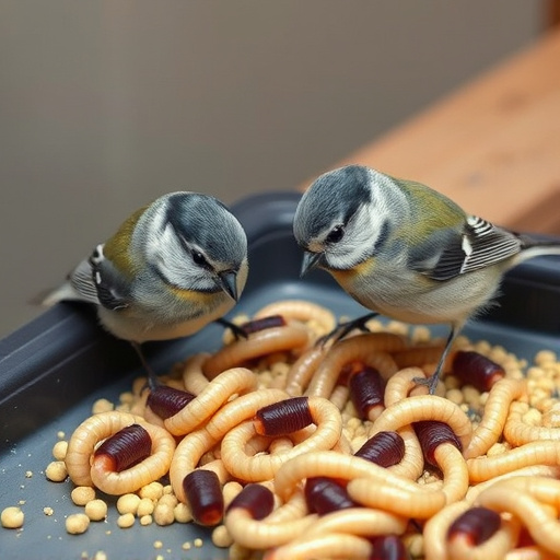 Tits feeding on mealworms in tray