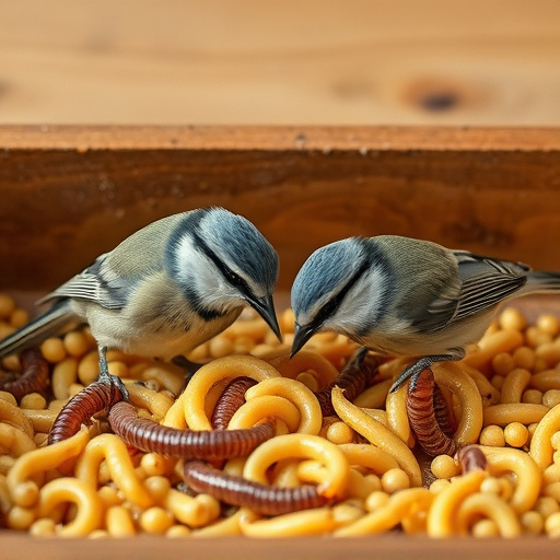 Tits feeding on mealworms in tray