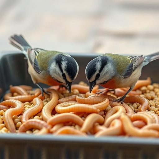 Tits feeding on mealworms in tray