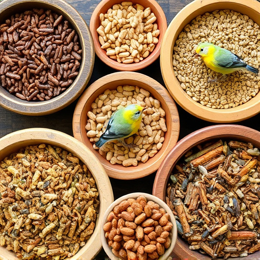 Variety of bird seed in bowls