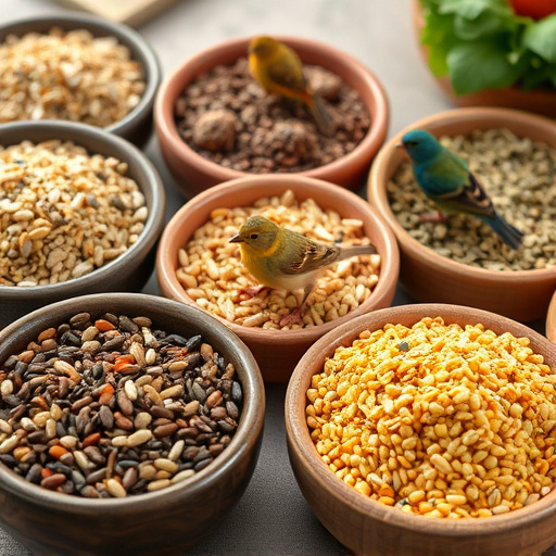 Variety of bird seed in bowls